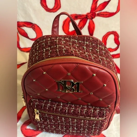 Badgley Mischka red and gold tweed backpack with gold studs - Picture 7 of 9